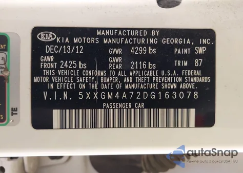 2013 Kia Optima Lx z USA, uszkodzony, nr VIN 5XXGM4A72DG163078